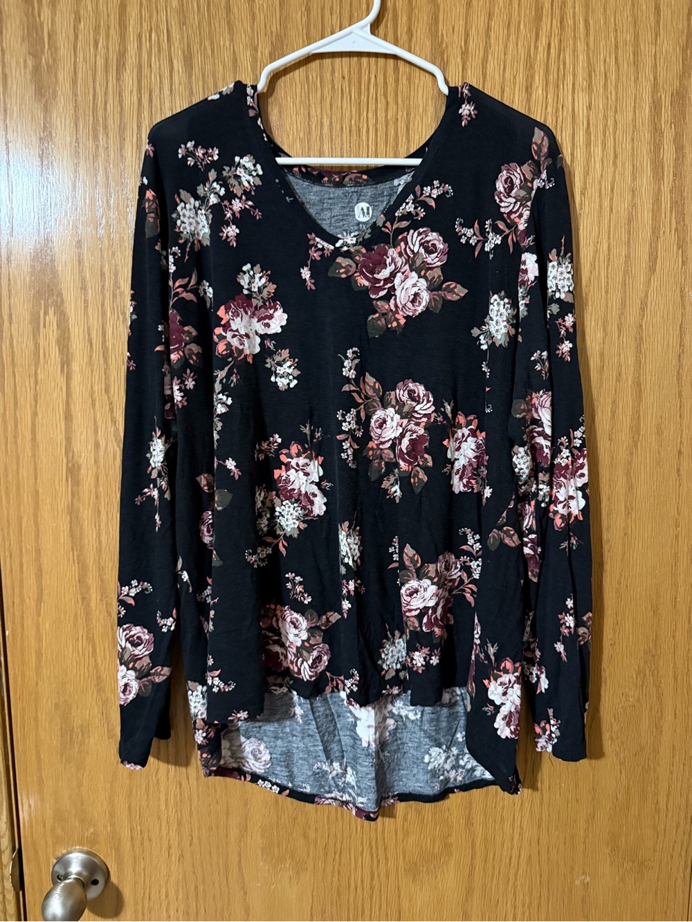 Floral V-Neck Long Sleeve Top - Black with Rose Print